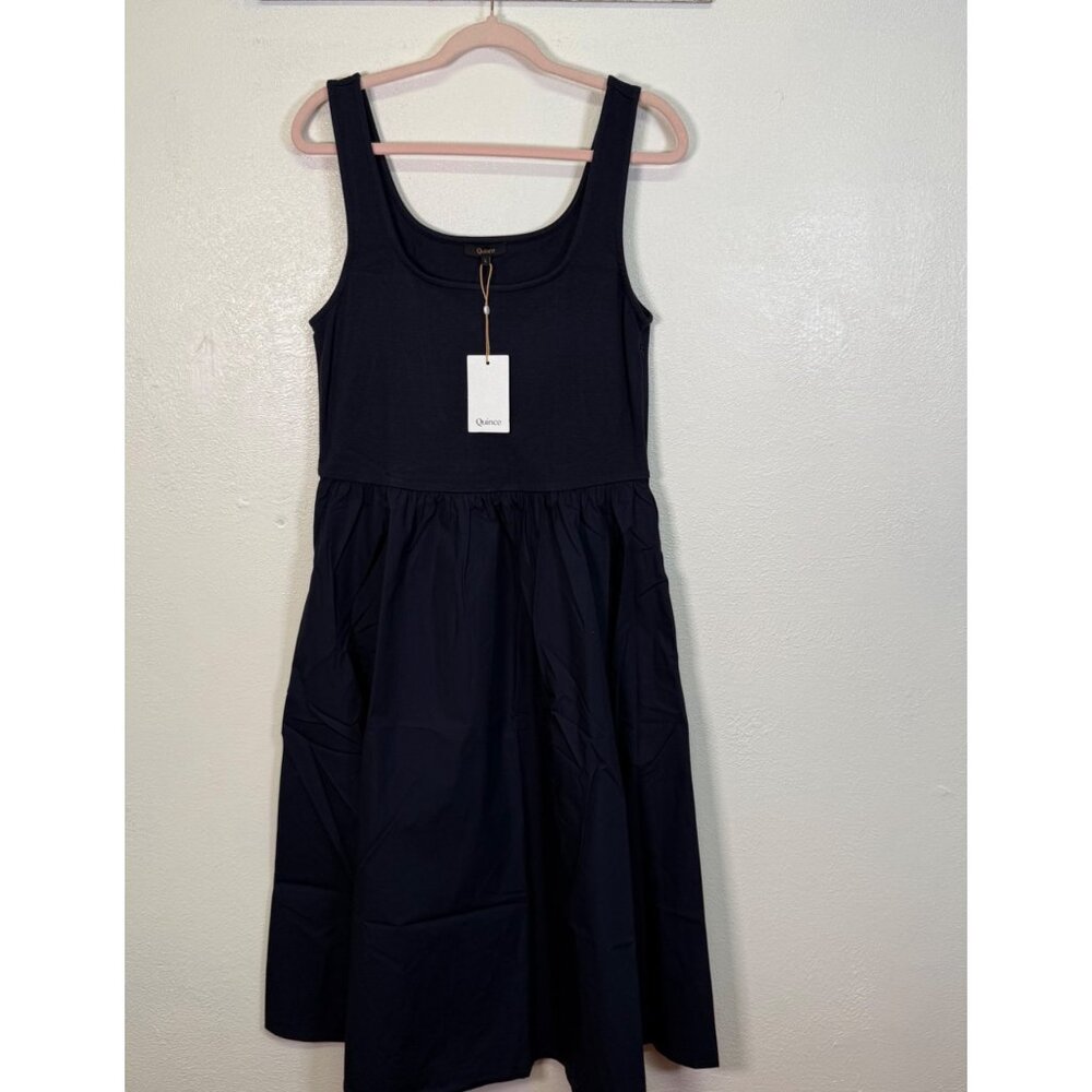 Quince Organic Cotton Mixed Media Tank Dress Navy Large Pockets NWT Casual - Picture 3 of 15